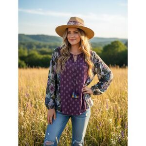 Tolani Boho Plum Floral V-neck Tie Front Tunic Top | NWT | Small